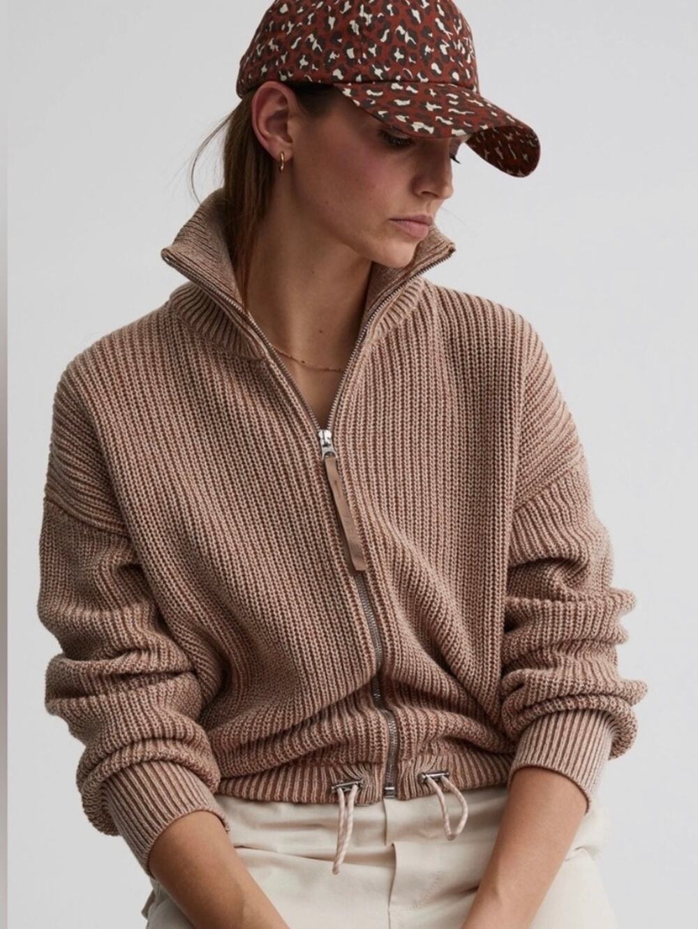 Varley Anderson Zip Through Sweater Jacket Chunky Knit Camel Women Size Small